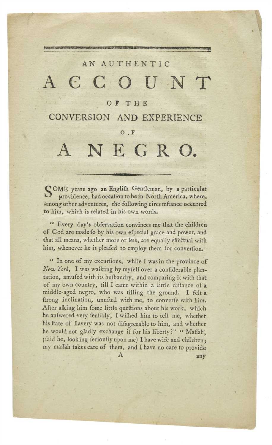 Lot 1 - African-Americana. An Authentic Account of the Conversion and Experience of a Negro, [1795]