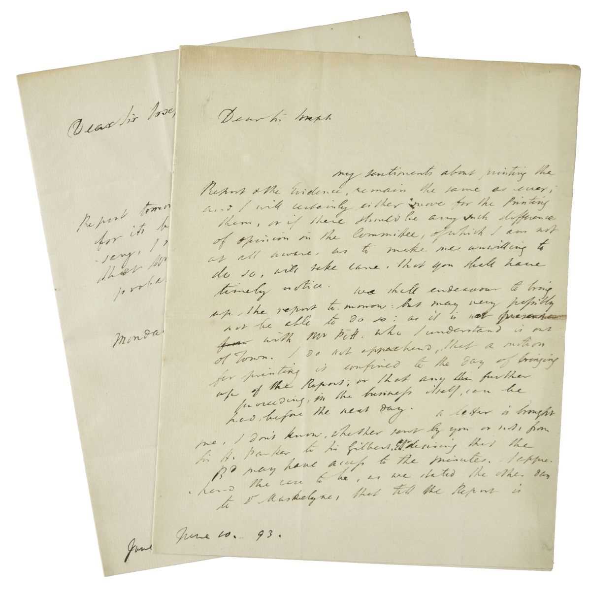 Lot 292 - Windham (William, 1750-1810). Two autograph letters signed to Sir Joseph Banks (1743-1820), 1793