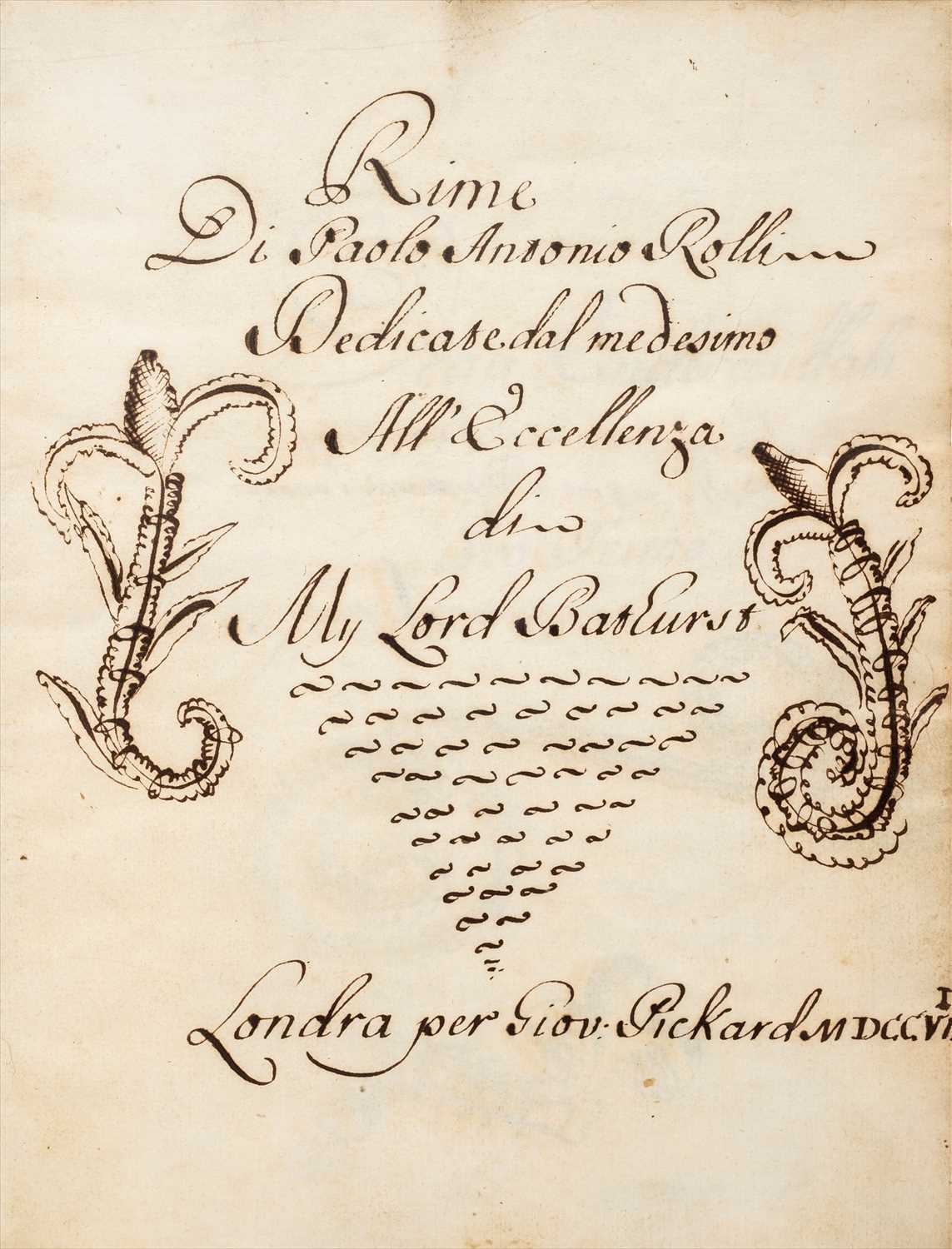 Lot 284 - Rolli (Paolo Antonio, 1687-1765). 'Rime, dedicate all'eccellenza My Lord Bathurst, MDCCVII'