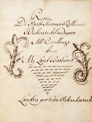 Lot 284 - Rolli (Paolo Antonio, 1687-1765). 'Rime, dedicate all'eccellenza My Lord Bathurst, MDCCVII'