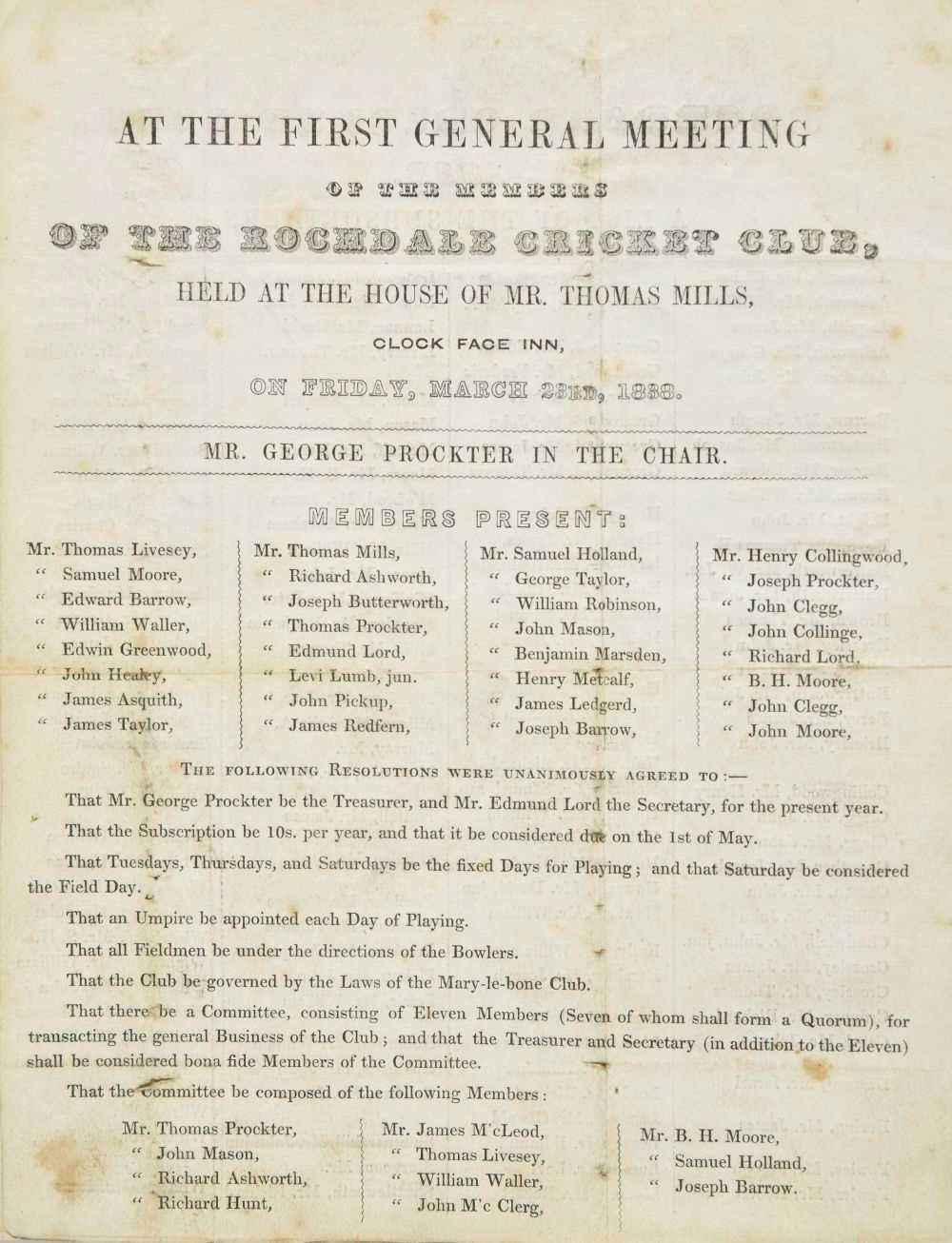 Lot 413 - Rochdale Cricket Club, Annual Meeting, 1838-1840, 1845 & 1848
