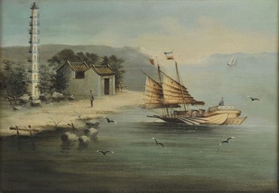 Lot 416 - Namcheong (active 1840 - 1870), Nine Stage Pagoda, & Chinese Junk at Sea
