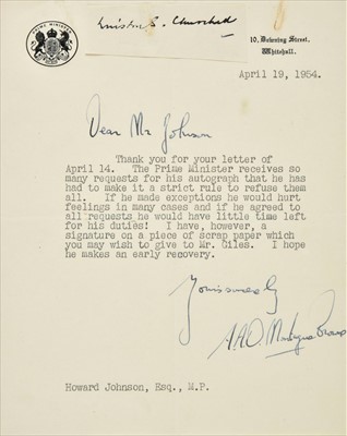Lot 367 - Churchill (Winston Spencer, 1874-1965). Autograph ink signature, 'Winston S. Churchill', c.1954