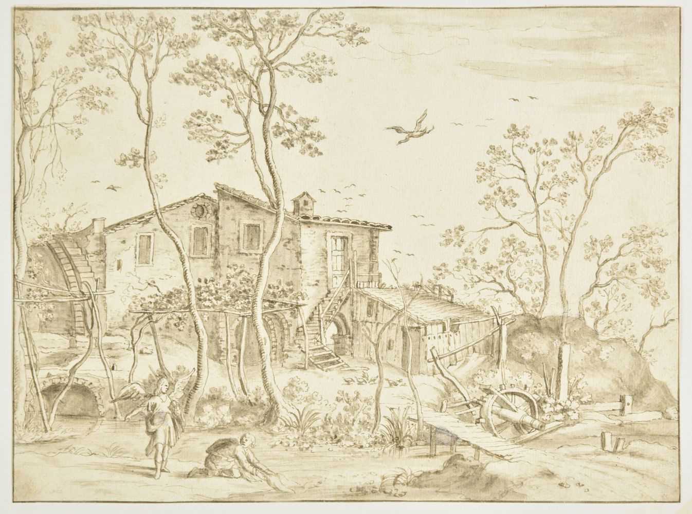 Lot 221 - Flemish School, Rustic landscape with Tobias and the Angel, 17th century