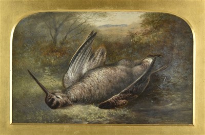 Lot 277 - Gill (William Ward, 1823-1894). Pair of still life studies of dead woodcock & snipe on a grassy bank
