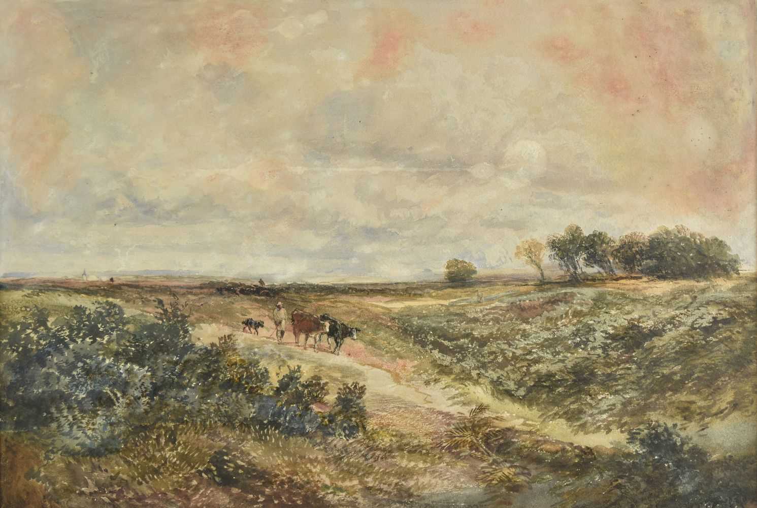 Lot 293 - Cox (David II, 1809-1885). Farmer herding cows in landscape, 1856