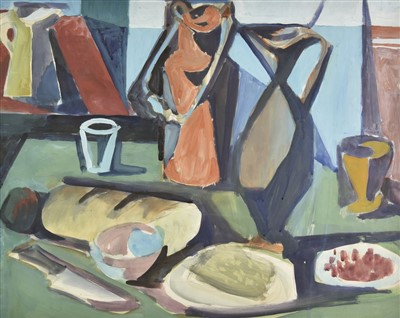 Lot 411 - Hess (Reinhard, 1904-1998). Still Life with jug, glass, loaf, plates of food & knife, 1948
