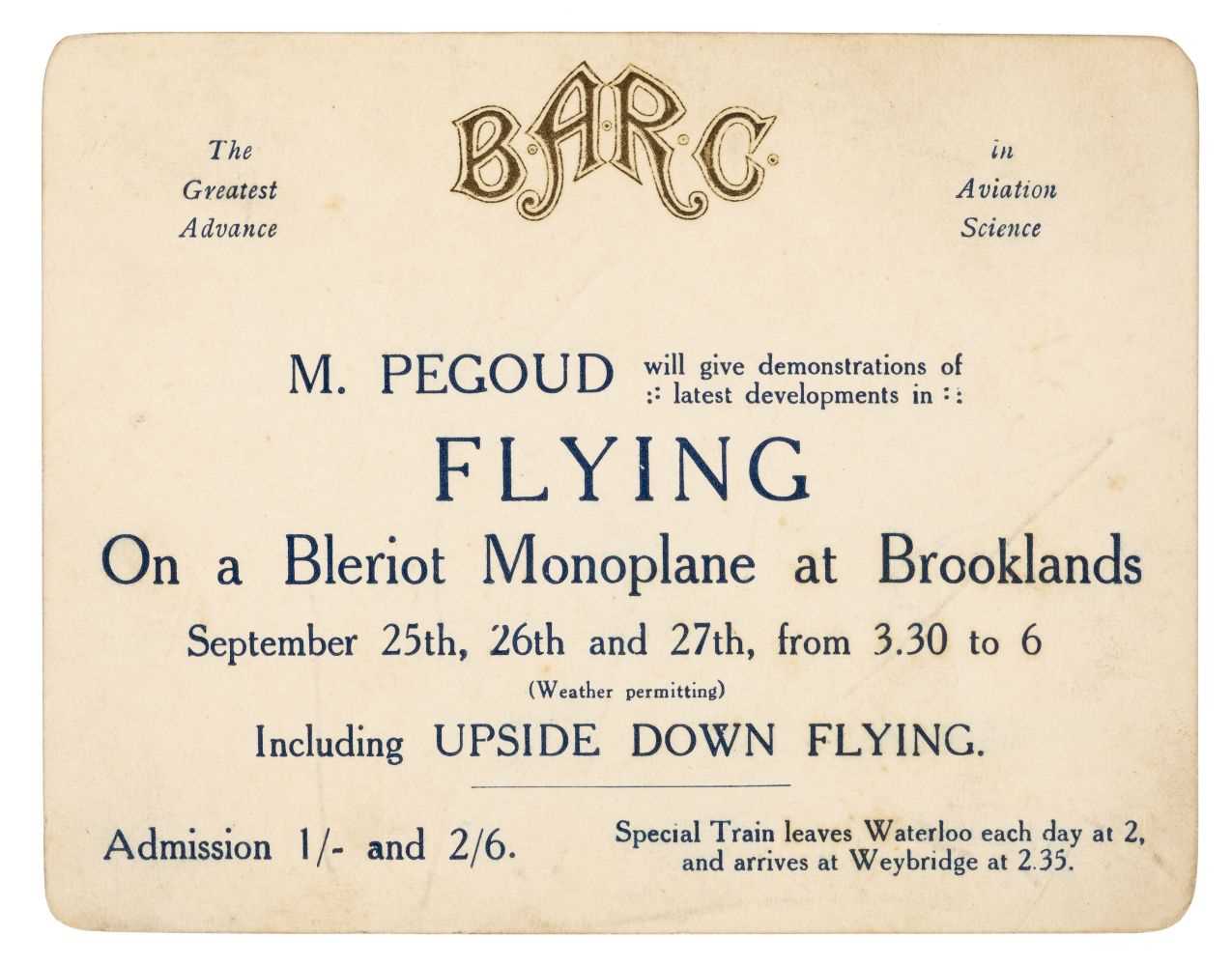 Lot 37 - Adolphe Pegoud. Brooklands Automobile Racing Club invitation, 1913