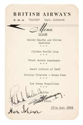 Lot 243 - Hemingway (Ernest, 1899-1961). British Airways flight menu signed by Ernest Hemingway