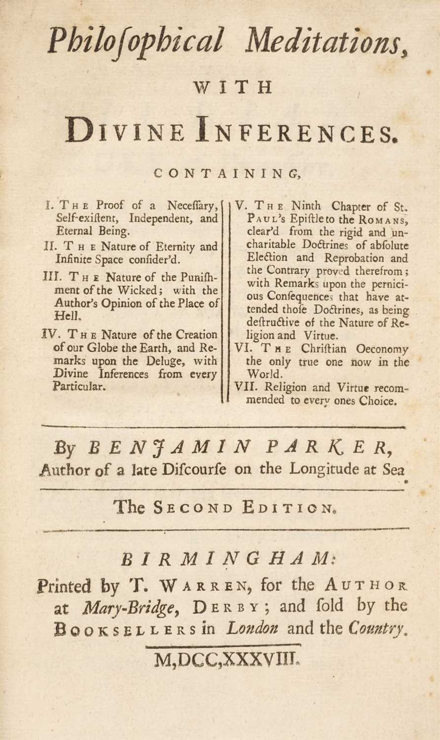 Lot 374 - Parker (Benjamin). Philosophical Meditations, with Divine Inferences, 2nd edition, Birmingham, 1738