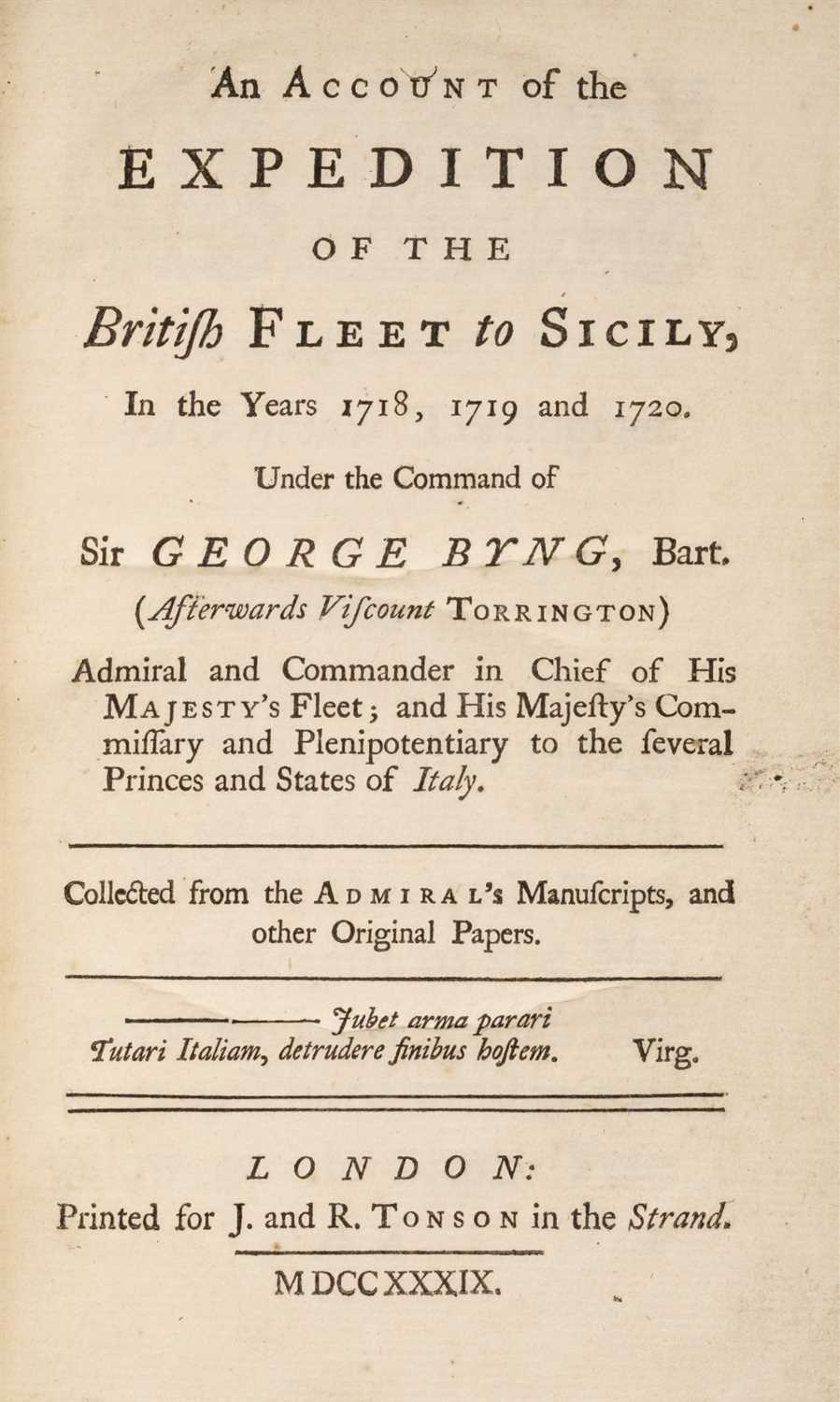 Lot 143 - Corbett (Thomas). An Account of the Expedition of the British Fleet to Sicily..., 1st edition, 1739