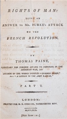 Lot 371 - Paine (Thomas). Rights of Man: Being an Answer to Mr Burke's Attack ... French Revolution..., 1792