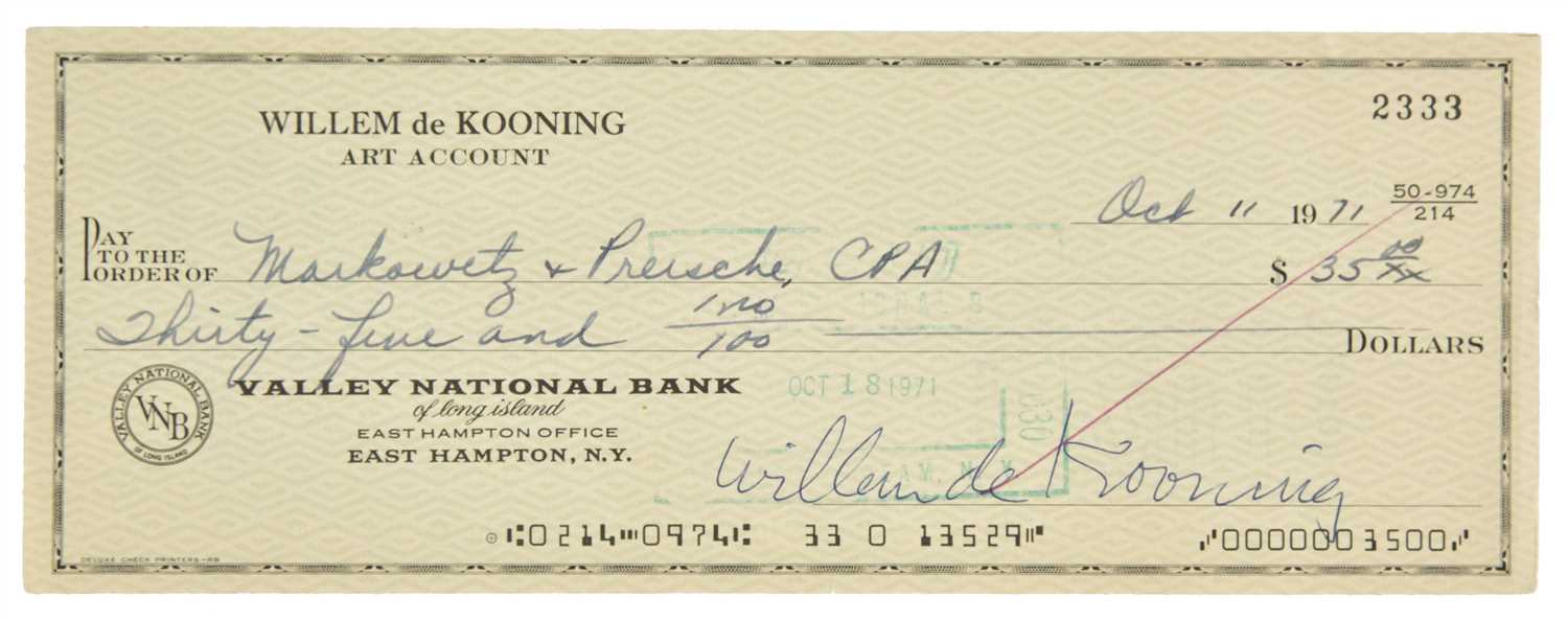 Lot 392 - De Kooning (Willem, 1904-1997). Signed cheque, 11 October 1971