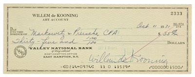 Lot 392 - De Kooning (Willem, 1904-1997). Signed cheque, 11 October 1971