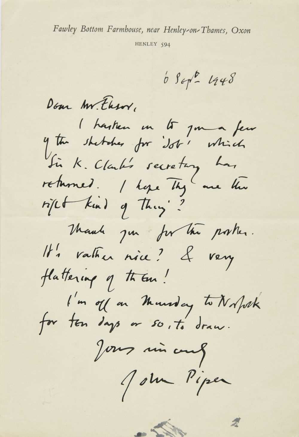 Piper (John, 1903-1992). Autograph letter signed, 'John Piper', 6 September...