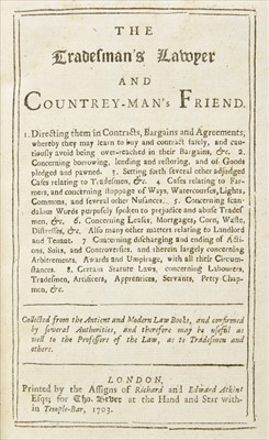 Lot 215 - Law. The Tradesman's Lawyer and Countrey-Man's Friend, 1st edition, 1703