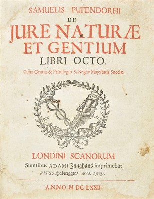 Lot 221 - Pufendorf (Samuel von). De jure naturae et gentium libri octo, 1st edition, Lund, 1672