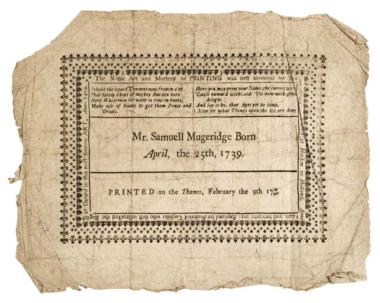 Lot 396 - Frost Fair Broadside. Mr. Samuell Mugeridge Born April, the 25th, 1739