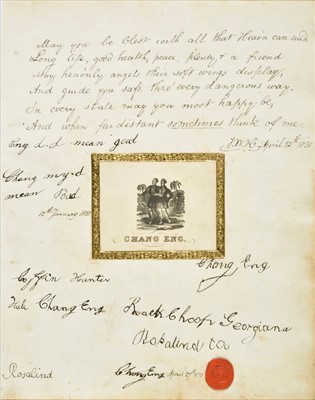 Lot 366 - Chang and Eng: Conjoined Twins. Manuscript album leaf signed 'Chang Eng', 27 April 1830