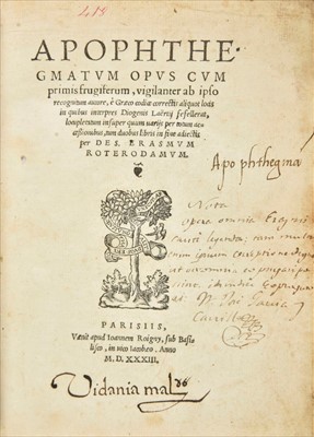 Lot 258 - Erasmus (Desiderius). Apophthegmatum, Paris, 1533, [bound with:] Plutarch, Apophthegmata, c.1525