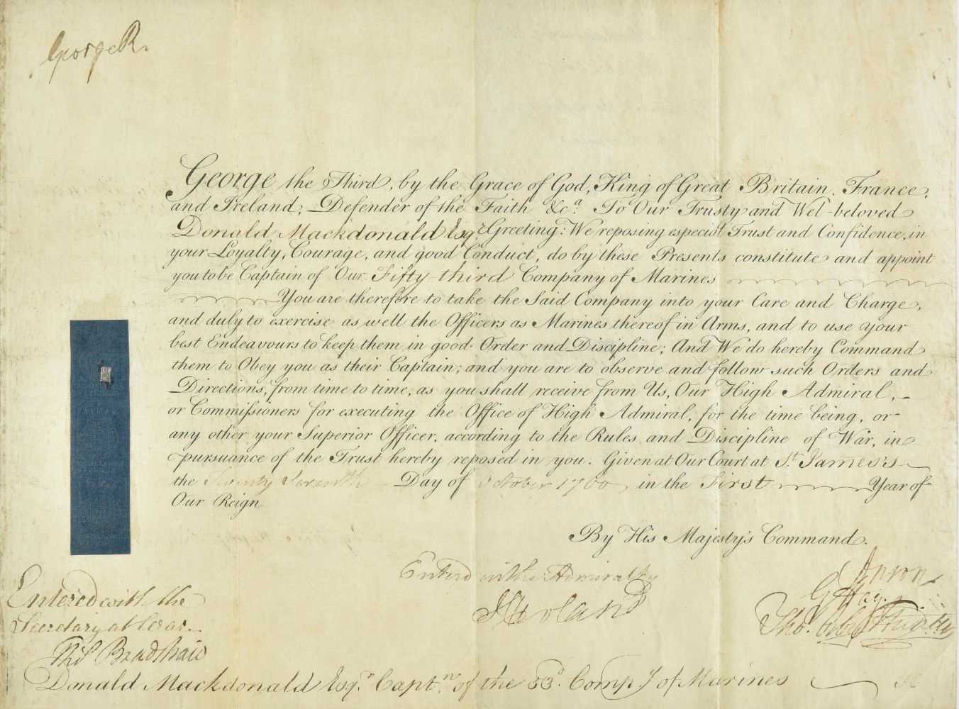 Lot 379 - George III (King of Great Britain, 1738-1820). Naval document signed, 1760