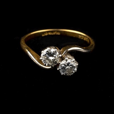 Lot 90 - Ring. A Platinum and 18ct gold 2-stone diamond ring