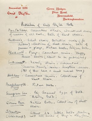 Lot 580 - Blyton (Enid, 1897-1968). Autograph letter signed, 24 June 1947