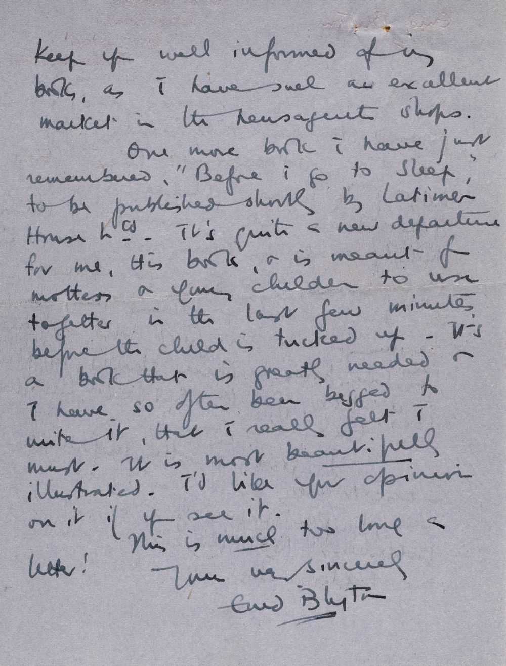 Lot 661 - Blyton (Enid, 1897-1968). Autograph letter signed, 23 August 1947