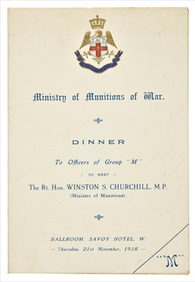 Lot 155 - Churchill (Winston Spencer). Original menu, 21 November 1918