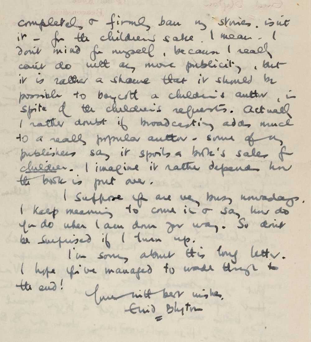 Lot 582 - Blyton (Enid, 1897-1968). Autograph letter signed, 4 June 1949