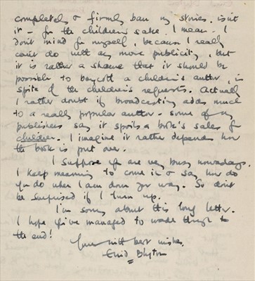 Lot 582 - Blyton (Enid, 1897-1968). Autograph letter signed, 4 June 1949