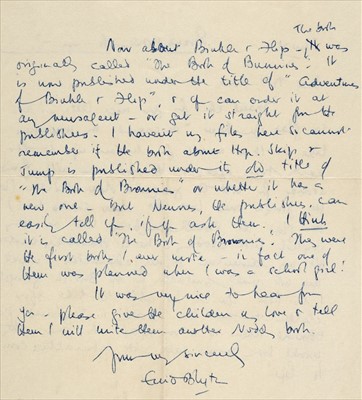 Lot 583 - Blyton (Enid, 1897-1968). Autograph letter signed, 21 June, c. 1950s