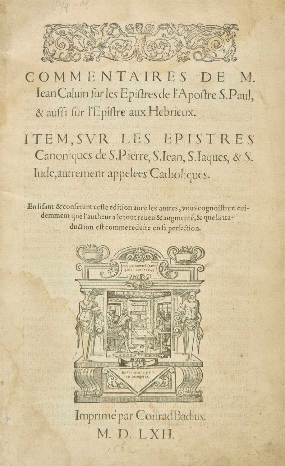 Apostre Lot 286 - Calvin (John). Commentaires sur les Epistres