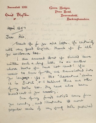 Lot 660 - Blyton (Enid, 1897-1968). Autograph letter signed, 18 April 1957