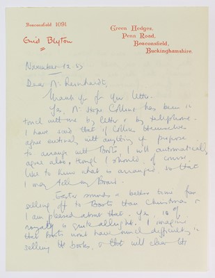 Lot 659 - Blyton (Enid, 1897-1968). Autograph letter signed, 12 November 1957