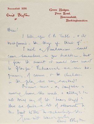 Lot 590 - Blyton (Enid, 1897-1968). Autograph letter signed, 27 November 1959