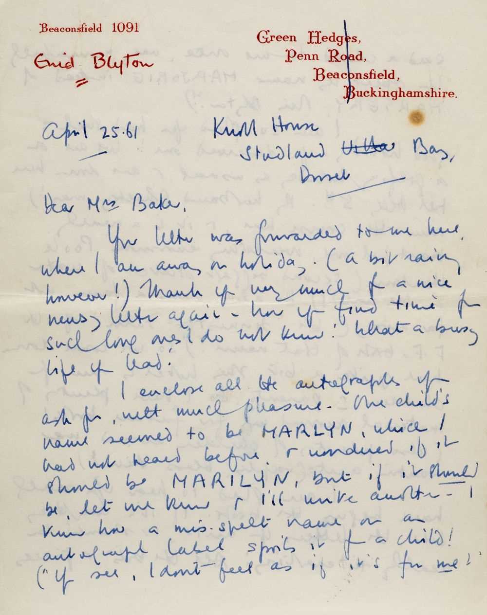 Lot 591 - Blyton (Enid, 1897-1968). Autograph letter signed, 25 April 1961
