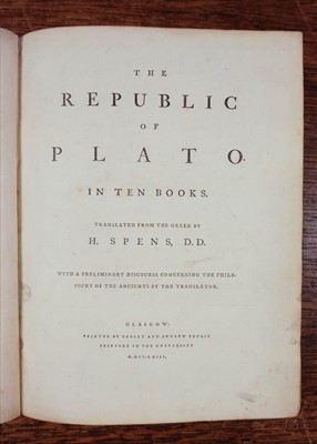 Lot 323 - Plato. The Republic, 1st edition in English, Glasgow: Robert and Andrew Foulis, 1763