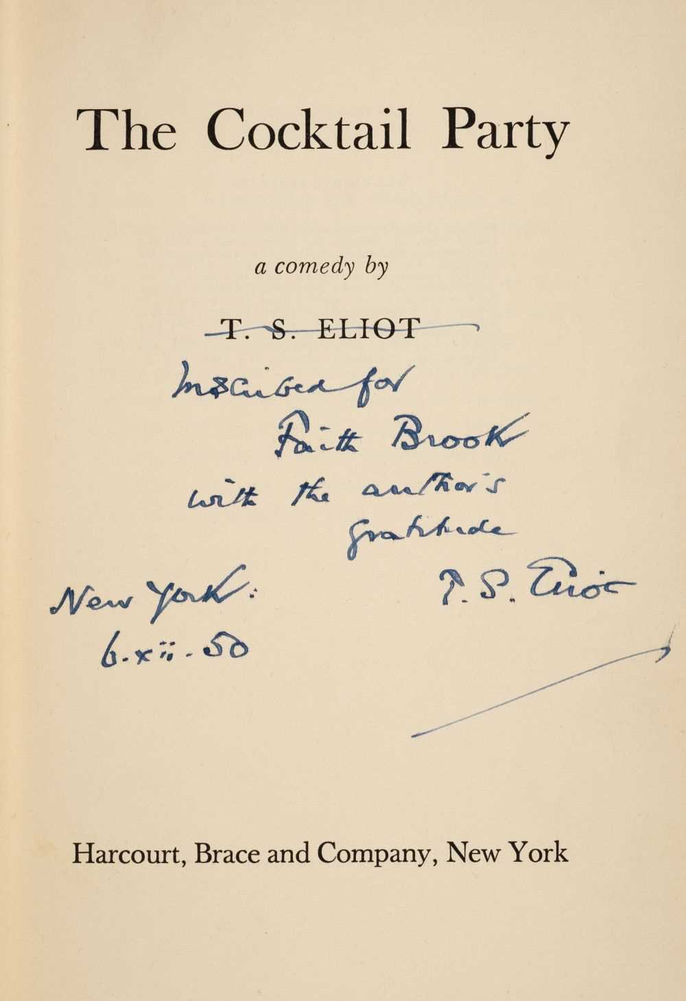 Lot 804 - Eliot (T.S.). The Cocktail Party, 1st US edition, 1950