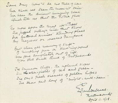 Lot 878 - Wallace (Edgar, 1875-1932). Autograph poem signed, 'Edgar Wallace', Babbacombe, 1 April 1918