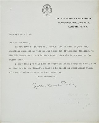 Lot 362 - Baden-Powell (Robert, 1857-1941). Two typed letters signed, 'Robert Baden Powell', February 1920