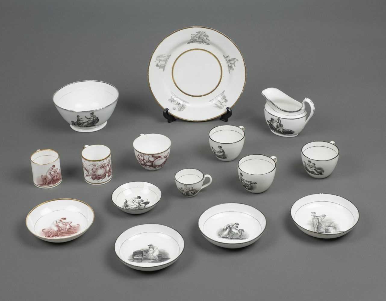 Lot 26 - Tea wares. A collection of English porcelain bat printed tea wares