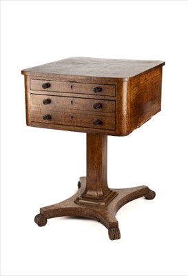 Lot 141 - Work table. A Regency oak and ebonised string inlaid work table, circa 1815