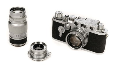 Lot 106 - Leica IIIf camera from 1954 with 35mm, 50mm and 90mm lenses plus viewfinder
