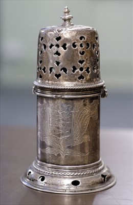 Lot 87 - Sugar caster. A William and Mary silver sugar caster by George Garthorne, London 1691