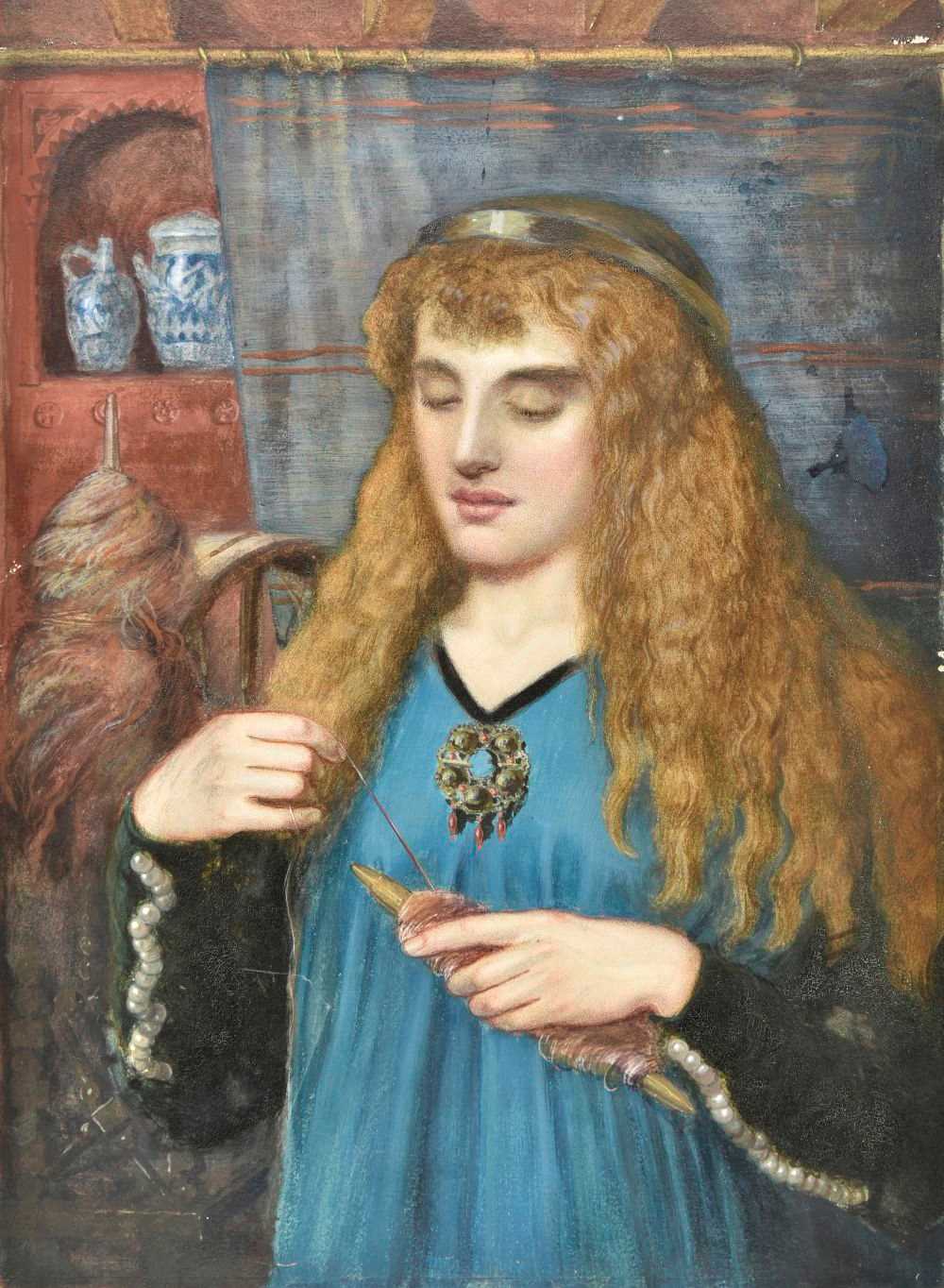 Lot 385 - Pre-Raphaelite School. Young woman winding