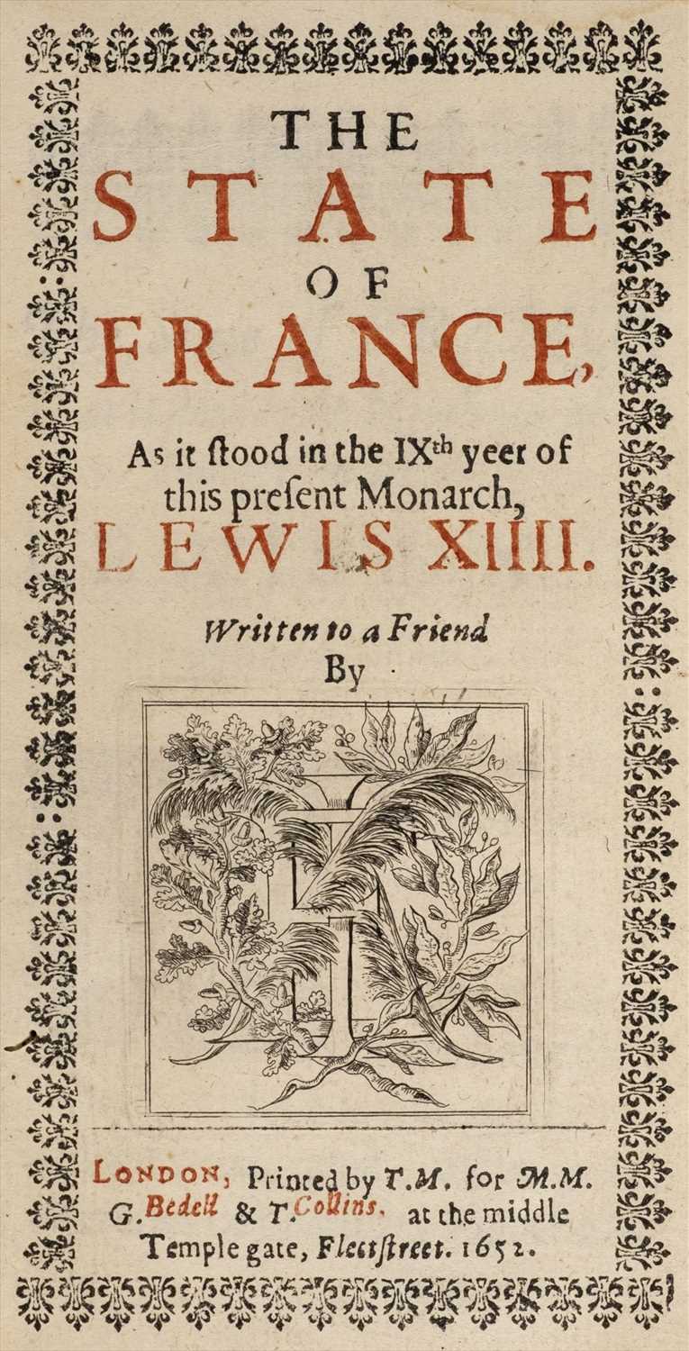 Lot 25 - Evelyn (John). The State of France, 1st edition, 1652, Pirie copy