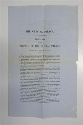 Lot 62 - Crystal Palace. Programme of the Opening of the Crystal Palace, on Saturday the 10th of June, 1854