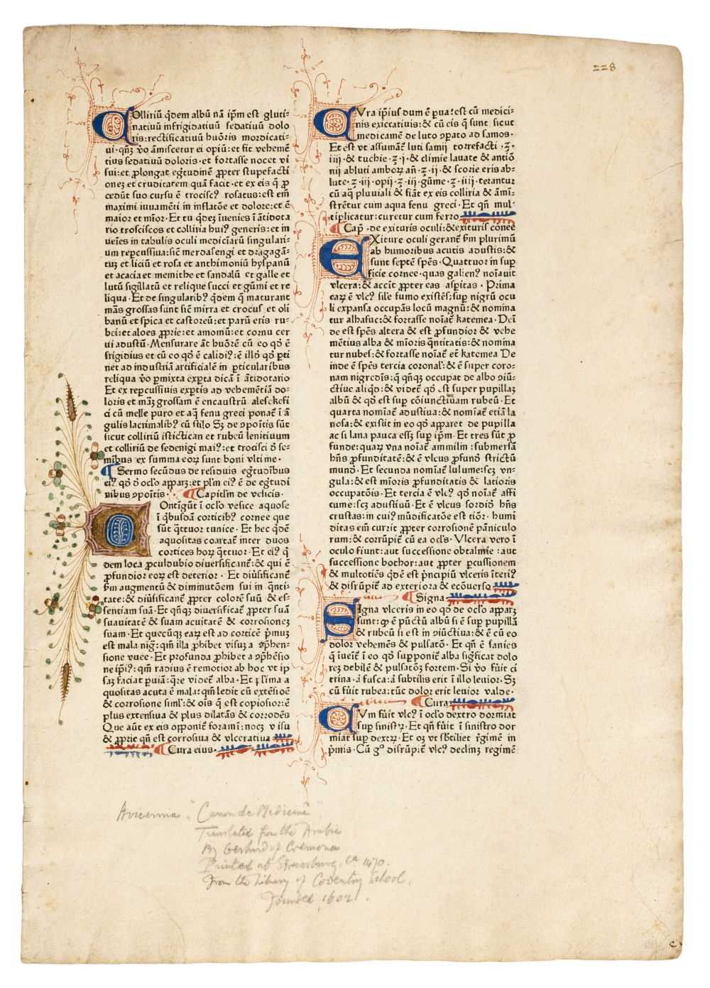 Lot 246 - Avicenna. Bifolium from the Canon medicinae, Strasbourg: Adolf Rusch, 1473