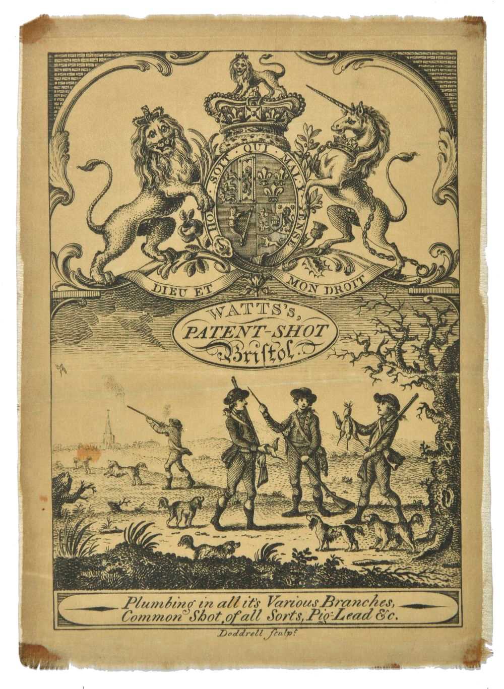 Lot 215 - Trade advertising. Printed advert on silk for Watt's Patent Shot Bristol, circa 1790